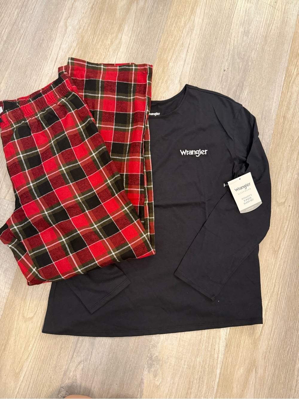 Wrangler Black Long Sleeve Shirt with Red and Green Plaid Pants